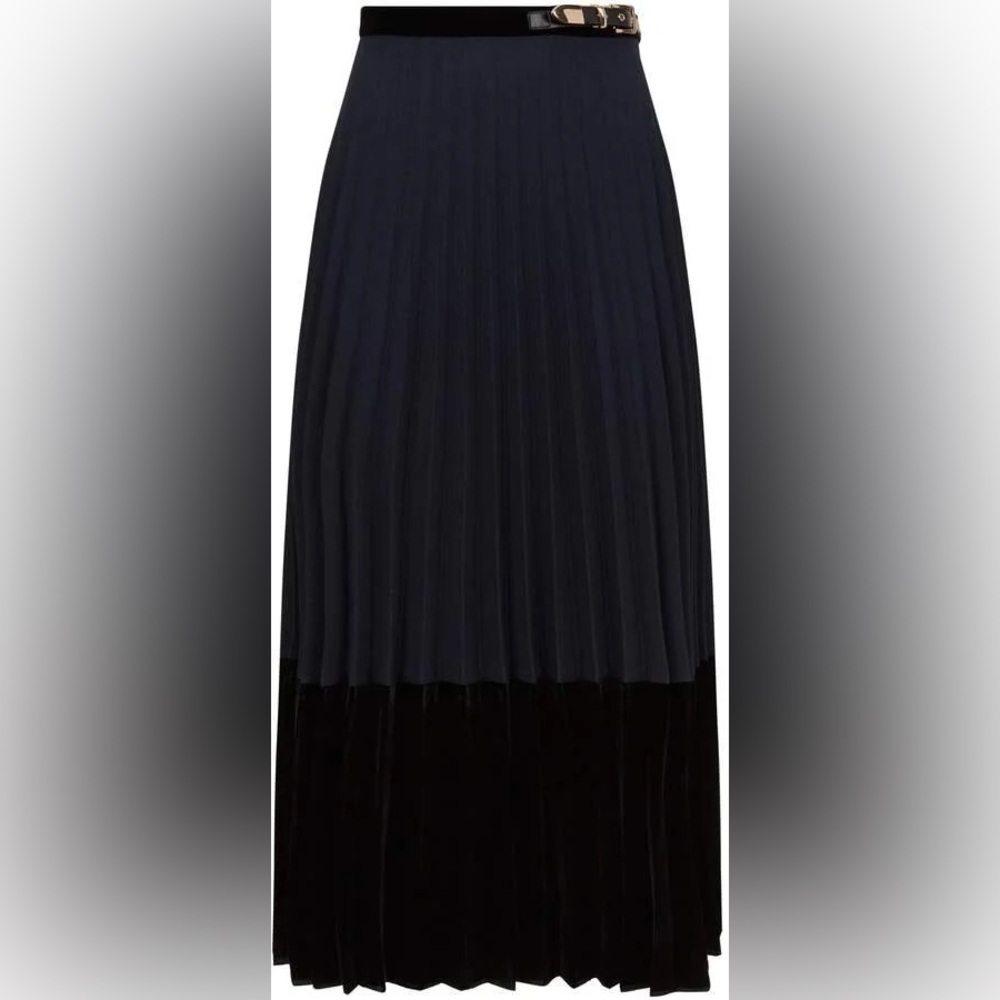 Sandro Pleated Two-Tone Maxi Skirt Size 3 Velvet Trim Quiet Luxury Belted Chic - Picture 2 of 14